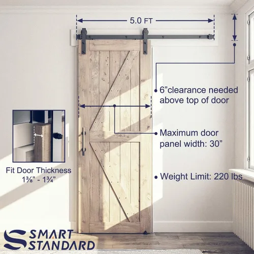 Miniatura 3 de SMARTSTANDARD Kit Completo de Herrajes para Puerta Corrediza de Granero de 5 Pies (Incluye Kit de Riel de 5 Pies y Juego de Manija y Guía de Piso)