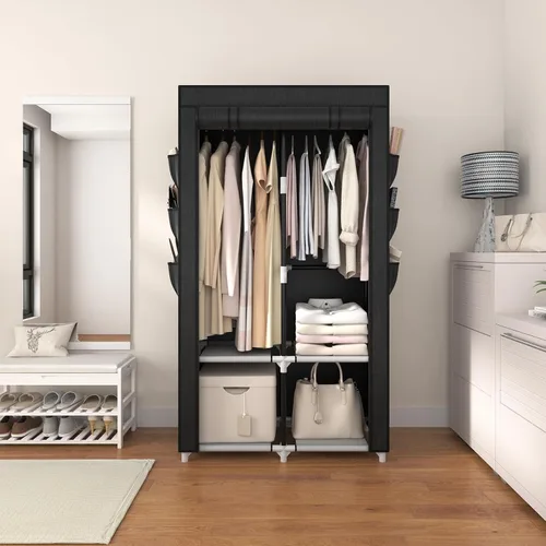 Miniatura 2 de VTRIN Armario portátil para colgar ropa con 4 estantes de almacenamiento, 2 varillas para colgar y 6 bolsillos, estante de ropa estable y de fácil