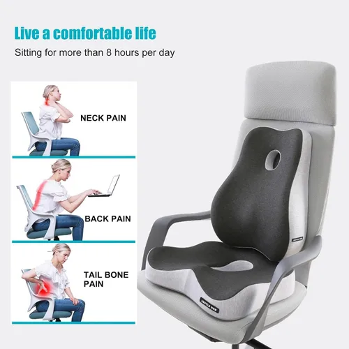 Miniatura 2 de Juego de cojín de asiento y almohada de apoyo lumbar para silla de oficina y molestias en el coxis con almohada de apoyo lumbar y cojín de asiento