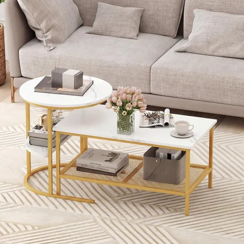 Giantex Juego de 2 mesas auxiliares anidables, mesa rectangular desmontable y mesa redonda con estampado de mármol sintético blanco, marco de metal
