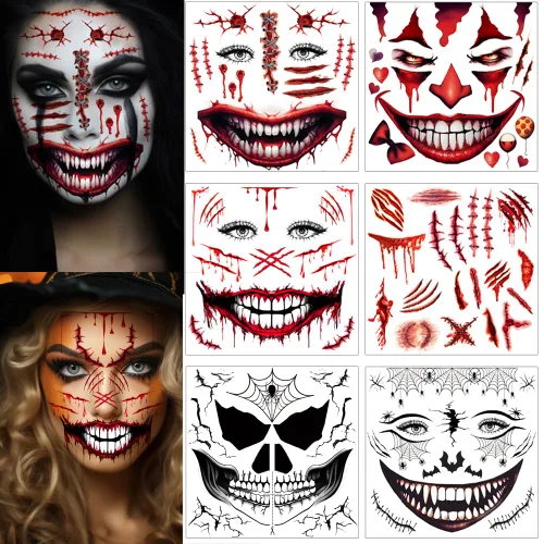 5 hojas de tatuajes faciales aterradores de Halloween + 1 hoja de tatuaje de cicatrices falsas, tatuaje de boca sangrienta, maquillaje de zombi de
