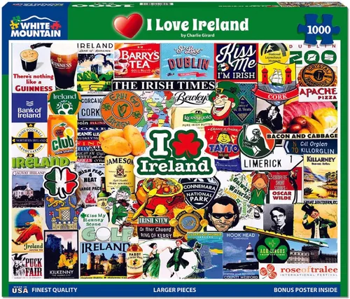 White Mountain Rompecabezas de 1000 piezas de collage de cultura irlandesa con piezas grandes para adultos y familia de 24 x 30 pulgadas - I Love