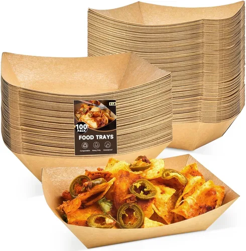 ZORRITA - Bandejas de papel para alimentos de 3 libras - Paquete de 100 bandejas desechables para nachos, bandejas de papel kraft para tacos, cestas
