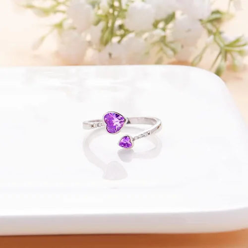 Miniatura 4 de LANE WOODS Anillos de piedra natal para mujer, plata de ley 925, doble corazón, abierto, anillo de banda ajustable