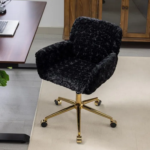 Miniatura 4 de Silla de escritorio de oficina peluda, piel sintética, tapizada, silla de tocador de maquillaje, silla giratoria de altura ajustable, color negro
