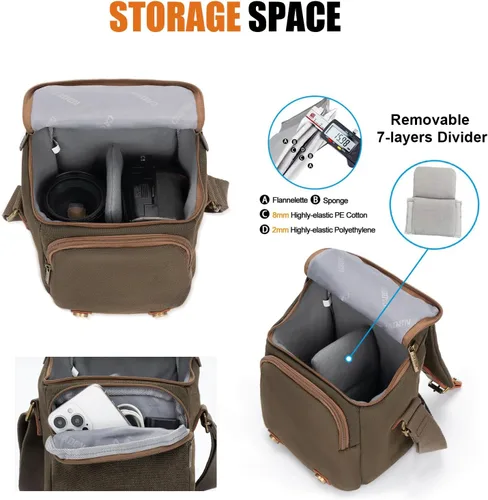 Miniatura 2 de CADeN - Bolso para cámara compacto de cuero con ribete de tela de lona, compatible con Nikon, Canon, Sony, cámara sin espejo y lentes, resistente al