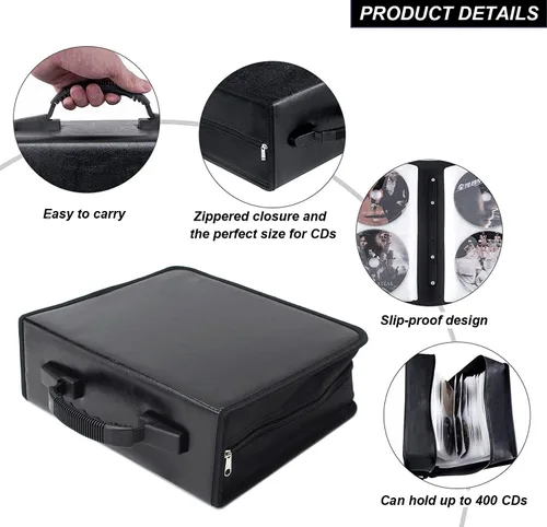 Miniatura 5 de Estuche de almacenamiento para CD y DVD, capacidad de 400 unidades, soporte de almacenamiento de DVD con cremalleras, portátil grande para tarjetas