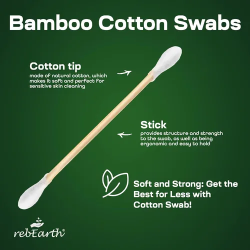Miniatura 2 de rebEarth Bamboo Cotton Swabs 500 Count — Organic Bamboo Q-Tips for Ear Cleaning, Makeup and Personal Care — Wooden Q Tips, Biodegradable Plant-Based