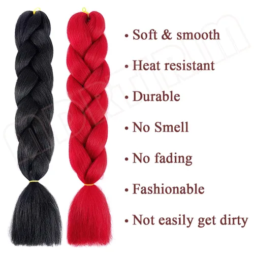 Miniatura 6 de MDRTIRIM Cabello trenzado de color liso, sintético, jumbo, rojo y negro, extensiones preestiradas, fibra resistente a altas temperaturas, pelo