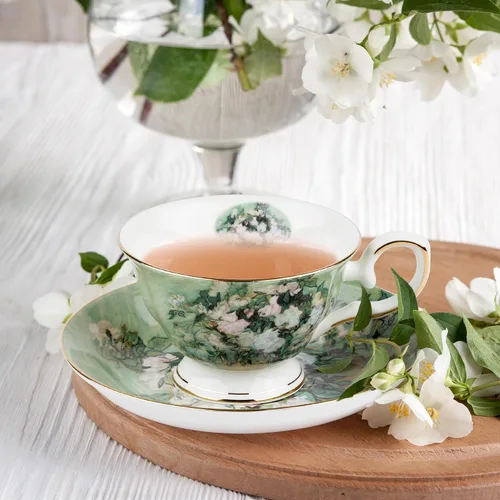 Miniatura 8 de Juego de 2 Tazas de Té Florales con Platillos, Porcelana de Hueso de 7 oz, Tazas de Té Británicas, Taza de Café de Porcelana para Té de Rosa