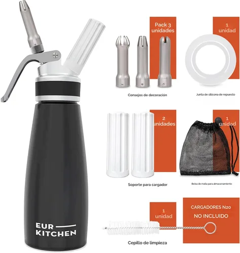 Miniatura 2 de EurKitchen - Dispensador profesional de crema batida de aluminio, recipiente para cremas sin fugas, 3 boquillas de decoración y cepillo de limpieza