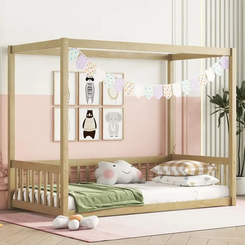 Miniatura 20 de VilroCaz Playfun - Cama de suelo tamaño individual con valla que se puede abrir, cama Montessori de metal con diseño de plataforma para niños
