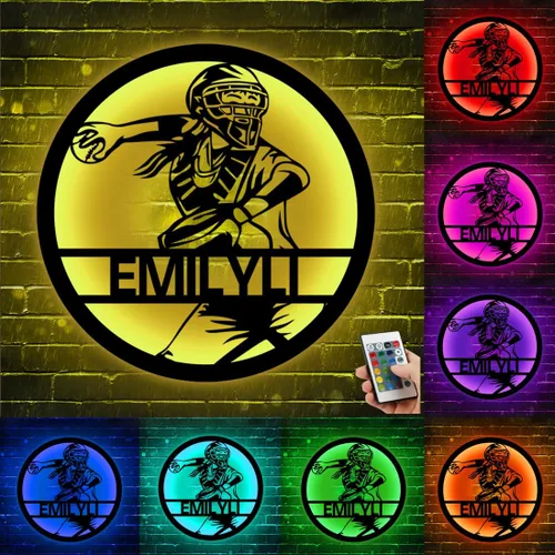 Miniatura 24 de Arte de Pared de Metal Personalizado de Béisbol con Bandera de EE.UU. con Luz LED, Letrero Personalizado con Nombre de Jugador de Sóftbol Americano