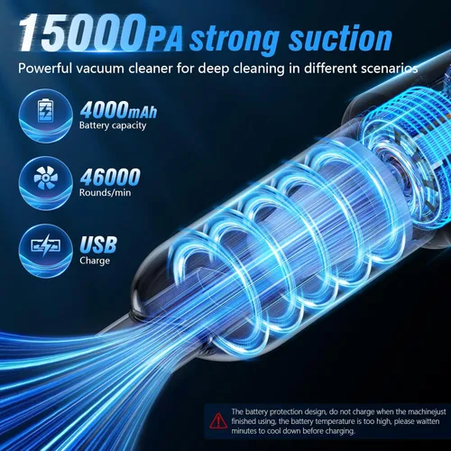 Miniatura 2 de Aspiradora para automóvil, 15000 Pa de mano, recargable, aspiradora húmeda y seca, 120 W de alta potencia para automóvil, mascota, hogar, oficina