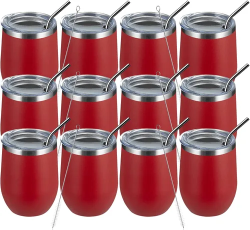 MEWAY Vasos Tumbler de Vino de 12oz/Paquete de 12 con Tapa - Vaso Tumbler de Viaje de Acero Inoxidable al Vacío de Doble Pared, Copa de Vino Aislada