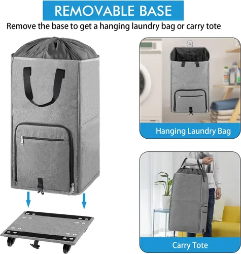 Miniatura 4 de Bukere - Cesta de lavandería con ruedas, cesta grande con 4 ruedas y 2 asas, bolsa de lavandería con ruedas plegable independiente para ropa, Gris