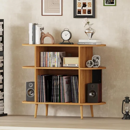 Miniatura 4 de Soporte para tocadiscos de 35.4 pulgadas con almacenamiento, gabinete de almacenamiento de discos de vinilo y consola multimedia con capacidad