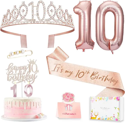 Decoraciones de cumpleaños de 10 años para niña, banda y corona de cumpleaños de 10 años, adorno para pastel, velas numeradas y globos, regalos de