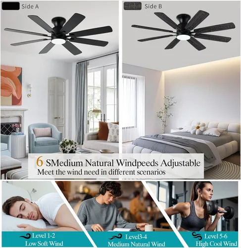 Miniatura 3 de KNUN - Ventilador de techo negro de 52 pulgadas, ventiladores de techo de perfil bajo con luces y control remoto/APP, 8 aspas, silencioso, motor CC