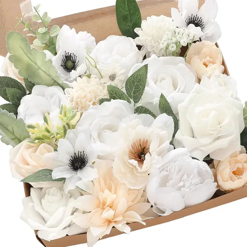 Miniatura 21 de Floroom - Flores artificiales de aspecto real en color lila, lavanda, púrpura y crema, rosas falsas, dalias y vegetación en conjunto de caja