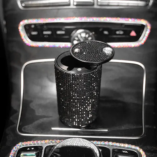 Miniatura 2 de Cenicero portátil con tapa, a prueba de olores, cenicero de automóvil de diamantes de cristal para mujeres, mini bote de basura ideal para Negro