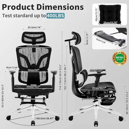 Miniatura 2 de Silla de oficina ergonómica con reposapiés, silla de oficina grande y alta, soporte lumbar ajustable de 4 niveles, bloqueo de inclinación de 155°