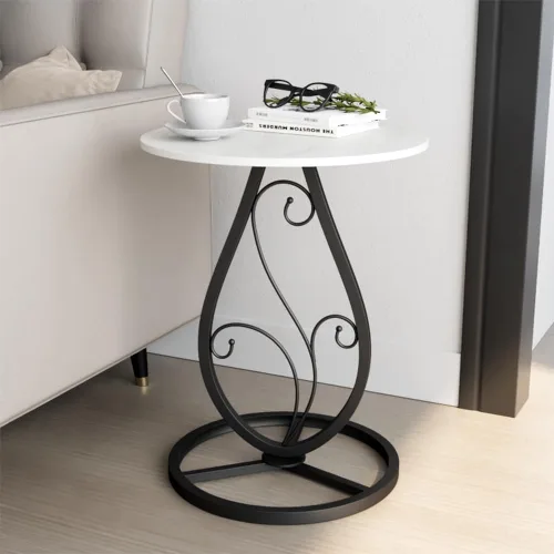 Miniatura 7 de Mesa auxiliar redonda bohemia para sala de estar, mesas auxiliares de escritorio de mármol natural con base floral de metal minimalista bohemio