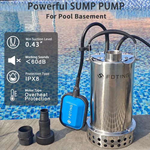 Miniatura 3 de FOTING Bomba de sumidero de acero inoxidable 304 completa con interruptor de flotador, bomba de agua sumergible automática de 1 HP 4600 GPH