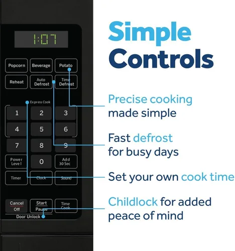 Miniatura 5 de Horno microondas GE para encimera, compacto 0.7 pies cúbicos, capacidad de 700 vatios, 6 ajustes de cocción automática, tecnología de bloqueo