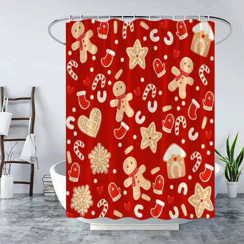 Miniatura 2 de Cortina de ducha de Navidad con diseño de galletas, lindo cratoon copo de nieve, vacaciones de invierno, feliz año nuevo, cortina de baño con gancho