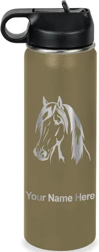 Miniatura 44 de LaserGram Botella de agua personalizada, cabeza de caballo 1, acero inoxidable de doble pared aislada al vacío con popote superior, regalo grabado