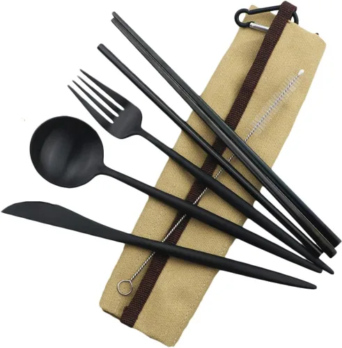 Miniatura 8 de Utensilios de viaje reutilizables, 7 piezas portátiles de acero inoxidable 304, incluyendo cuchillo, tenedor, cuchara, palillos, cepillo