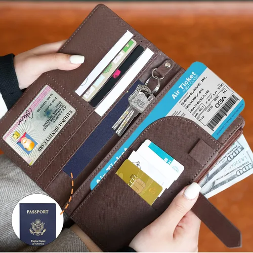 Miniatura 6 de Cartera de viaje con bloqueo RFID multiuso para pasaporte, Marrón, Classic