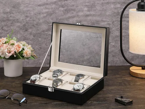 Miniatura 5 de GUKA Caja de reloj con 10 ranuras organizador de cristal real con cuero sintético para hombres y mujeres