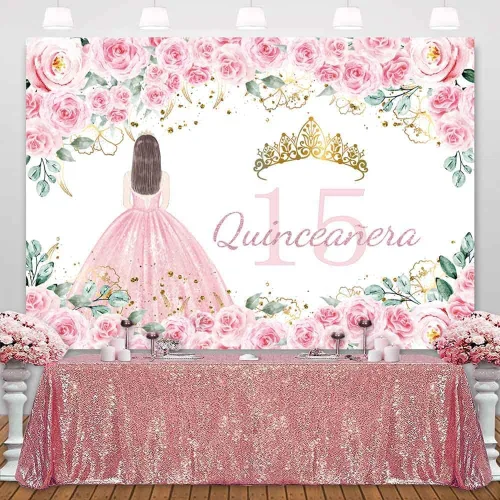 Miniatura 4 de Sensfun Telón de fondo de quinceañera con texto en inglés "Mis Quince Anos", decoración de cumpleaños de 15 años, flores rosadas, corona dorada