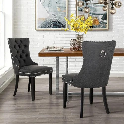 Miniatura 11 de MAISON ARTS Juego de 2 sillas de comedor de piel sintética, sillas de comedor tapizadas con ribete de cabeza de clavo y patas de madera maciza