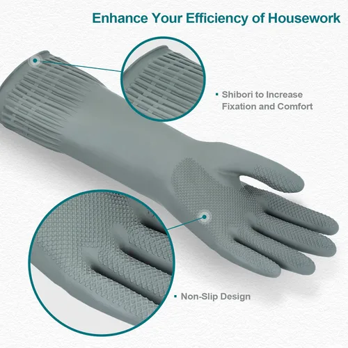 Miniatura 2 de DABOGOSA Mamison 2 pares de guantes de goma reutilizables impermeables para limpieza de lavavajillas para el hogar, guantes de cocina Gris