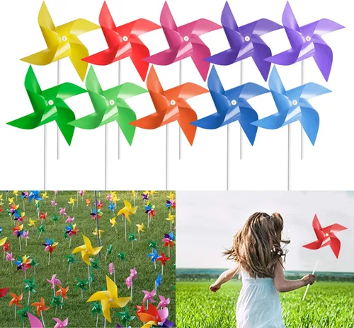 100 molinetes, 10 colores mezclados, hilanderos de viento de juguete y regalos de fiesta para niños, molinillos decorativos al aire libre para patio