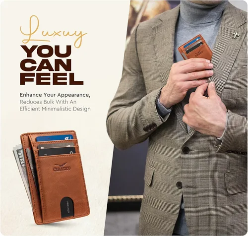 Miniatura 4 de Claasico Billetera pequeña de bolsillo frontal para hombre con bloqueo RFID, de cuero genuino, tarjetero