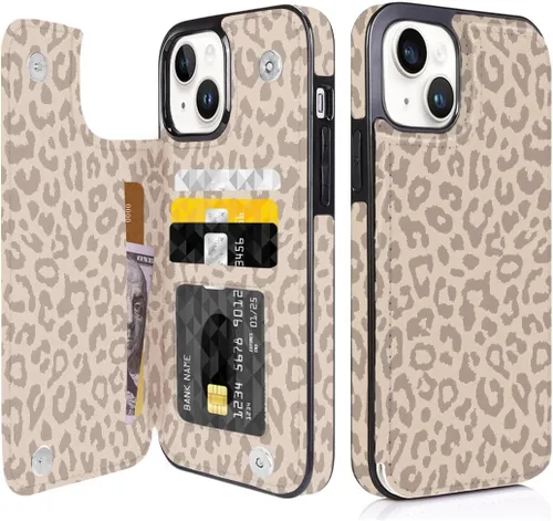 Miniatura 15 de Funda compatible con iPhone 14/15 con tarjetero y ranuras integradas de piel sintética con función atril y a prueba de golpes para iPhone 14/15