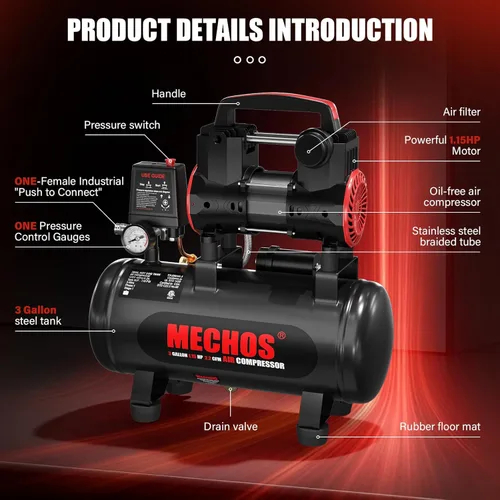 Miniatura 4 de Compresor de aire portátil con tanque de acero de 3 galones, 1.15 HP 2.2 CFM @ 90 PSI, compresor de aire sin aceite de 116 PSI máx. para garaje, uso