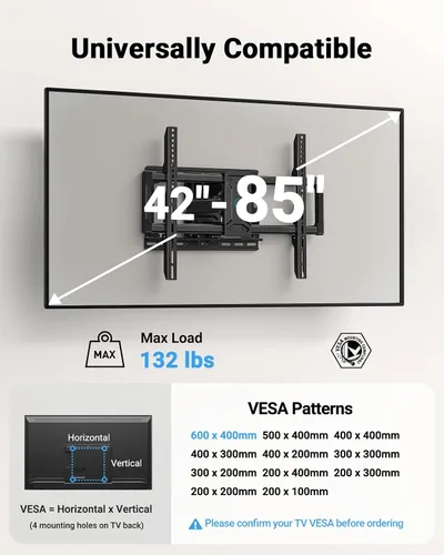 Miniatura 2 de Pipishell - Soporte de pared para TV de movimiento completo para pantallas LED de 42 a 85 pulgadas, hasta 59.8 kg, brazos articulados duales
