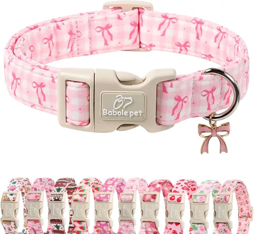 Collar para perras gigantes grandes, collar de cachorro de primavera y verano con bonito estampado de lazo rosa a cuadros y lazo, collares suaves y