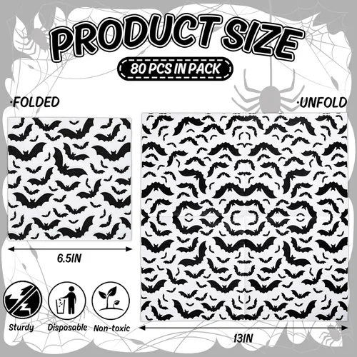 Miniatura 2 de AnyDesign Paquete de 80 servilletas de papel de Halloween de 6.5 x 6.5 pulgadas, servilletas de papel desechables de murciélago negro, servilletas