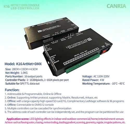 Miniatura 2 de Controlador LED de consola K16 ARTNET+DMX, control de iluminación profesional, adecuado para SPI TTL, en línea sin conexión, programable