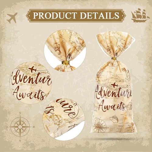 Miniatura 3 de Frienda 100 bolsas de celofán con temática de aventura, decoración de fiesta de aventura, bolsas de regalo con temática de viaje, mapa del mundo