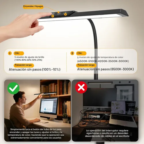 Miniatura 5 de Lámpara de escritorio LED para oficina y hogar, luz de escritorio de arquitecto con atenuación continua con adaptador de CC, lámpara de escritorio