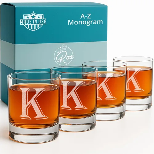 Miniatura 16 de On The Rox Drinks Juego de 4 vasos de vidrio grabados con monograma B, 11 onzas