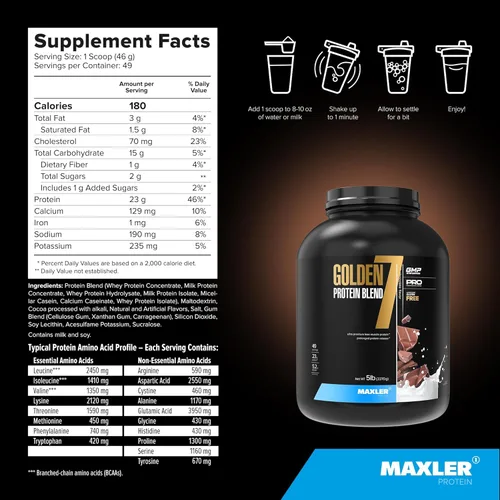 Miniatura 5 de Maxler Golden 7 Mezcla de Proteína - Polvo de Proteína para Ganancia Muscular y Recuperación - Polvo de Proteína de Chocolate con Leche 5 lb