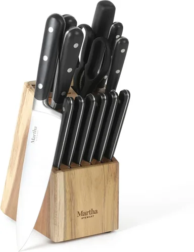 Miniatura 12 de Martha Stewart Eastwalk Juego de 14 cuchillos de acero inoxidable de alto carbono con mango forjado remachado triple de ABS, bloque de madera de Gris